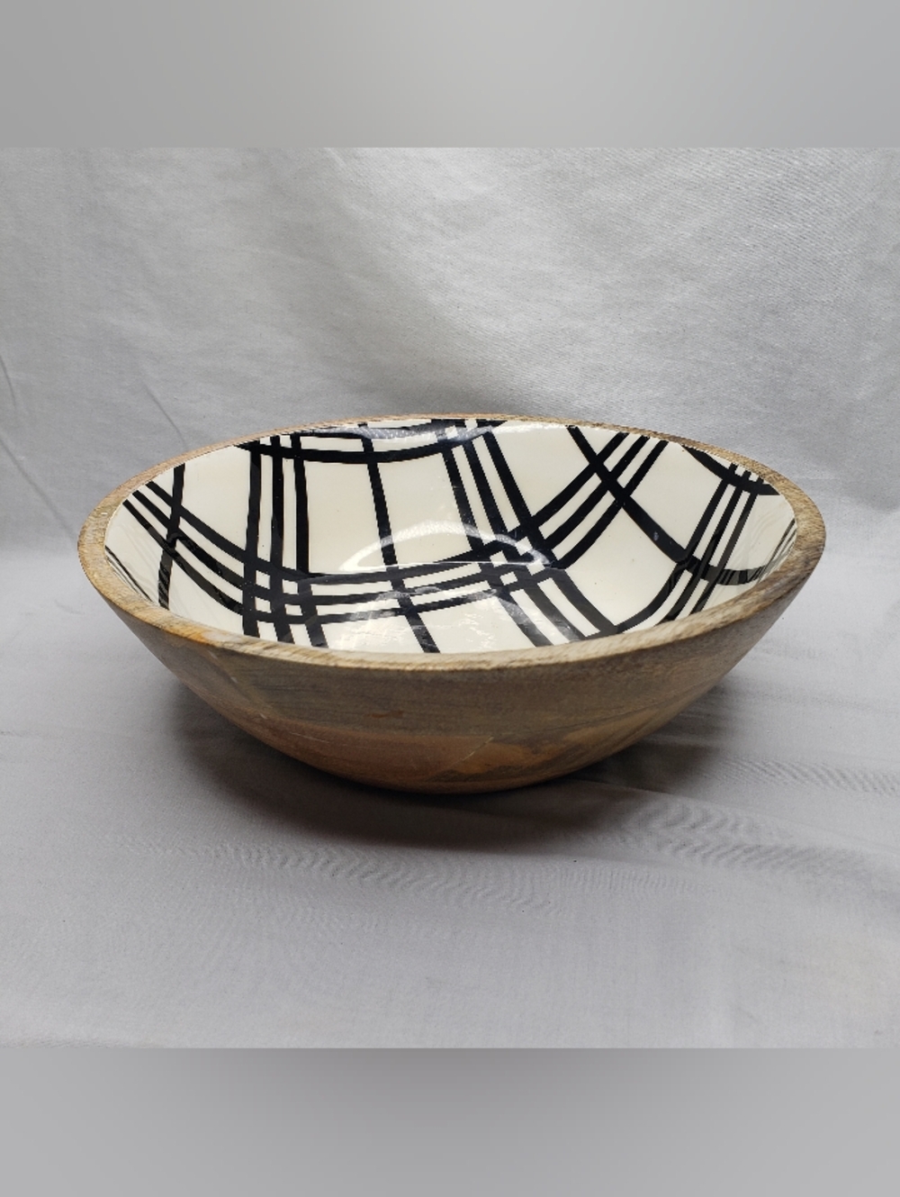 Mango Wood Serving Bowl With Resin Food Safe Black And White Plaid Inlay.